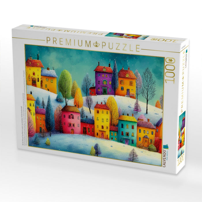 Bunte Häuser leuchten in einer verschneiten Winterlandschaft - CALVENDO Foto-Puzzle'