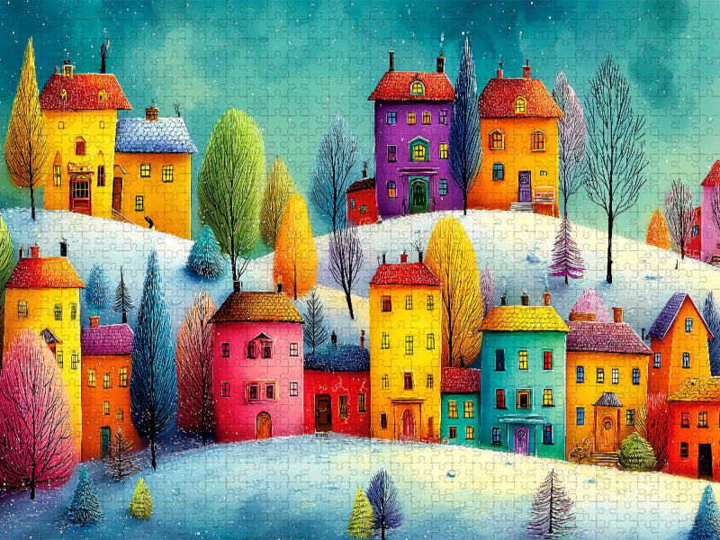 Bunte Häuser leuchten in einer verschneiten Winterlandschaft - CALVENDO Foto-Puzzle'