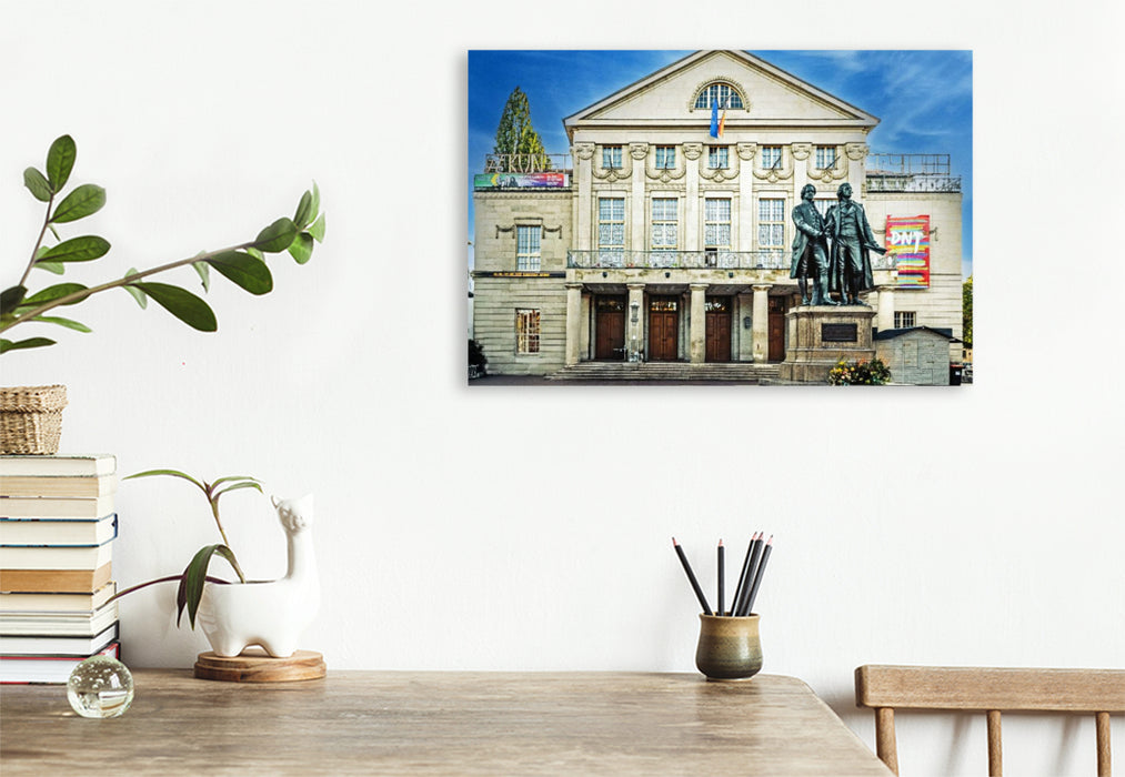 Premium Textil-Leinwand Goethe und Schiller vor dem Nationaltheater