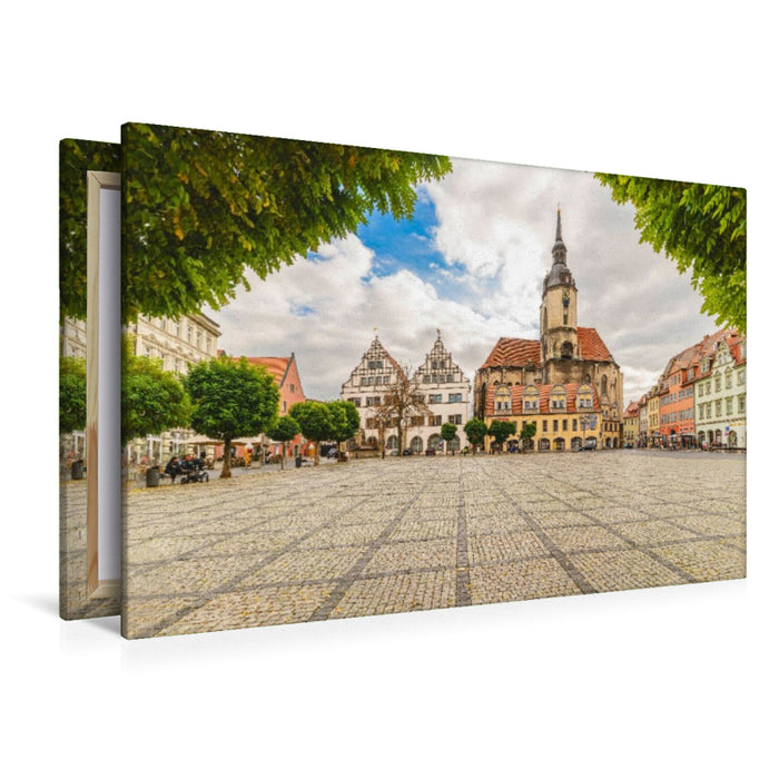 Premium Textil-Leinwand Marktplatz mit Bürgerkirche St. Wenzel und Häusern aus Renaissance und Barock.