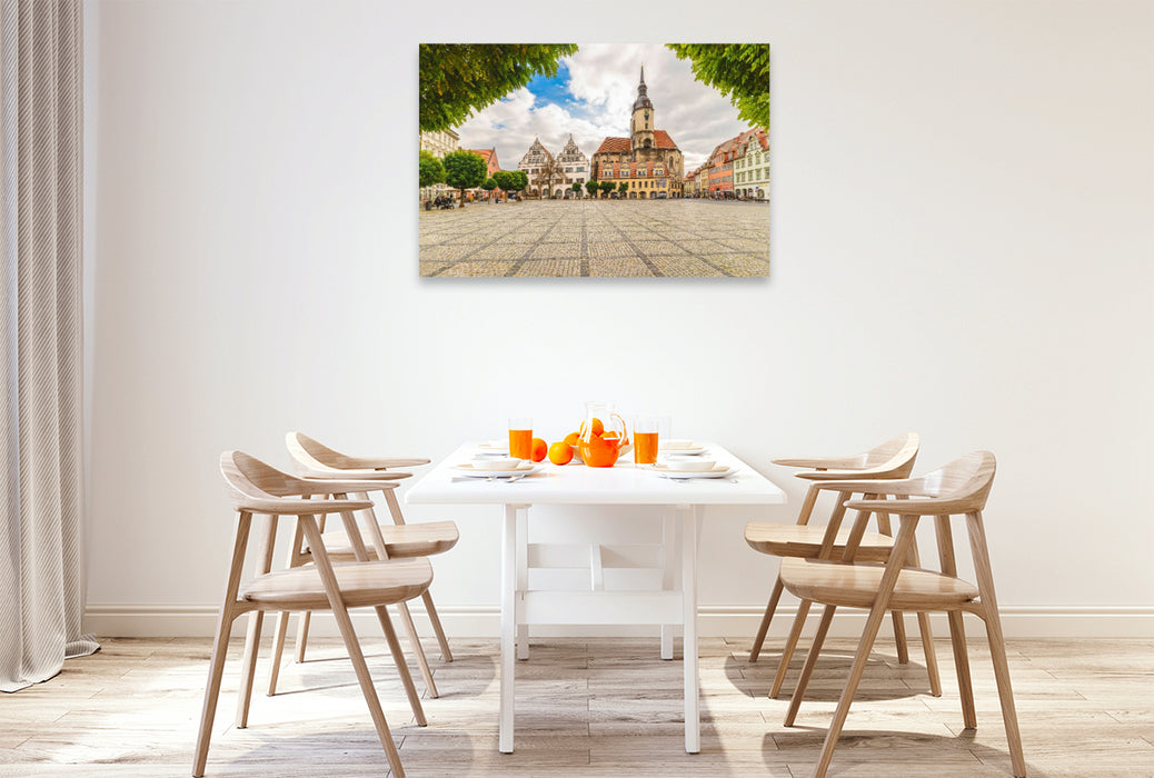 Premium Textil-Leinwand Marktplatz mit Bürgerkirche St. Wenzel und Häusern aus Renaissance und Barock.