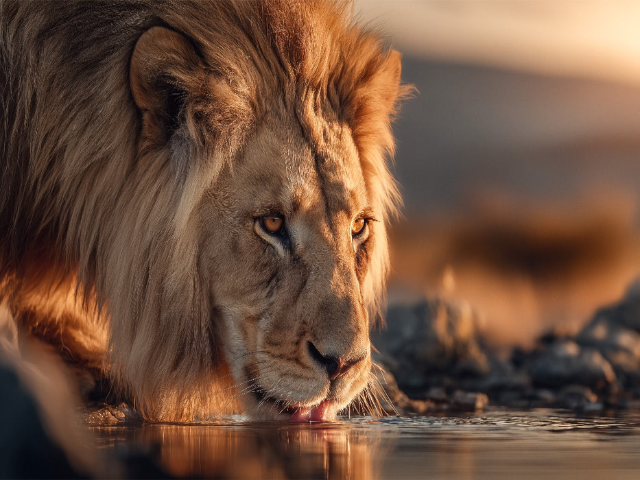 Der Löwe senkt den Kopf, um frisches Wasser zu trinken - CALVENDO Foto-Puzzle'