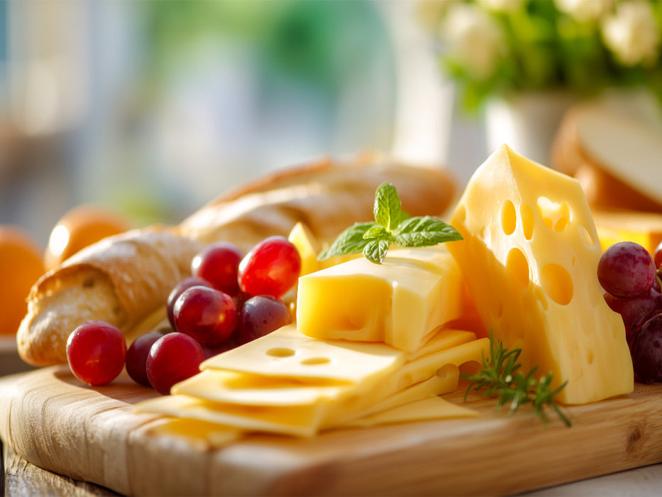 Schweizer Emmentaler Käse mit Trauben und Baguette - CALVENDO Foto-Puzzle'