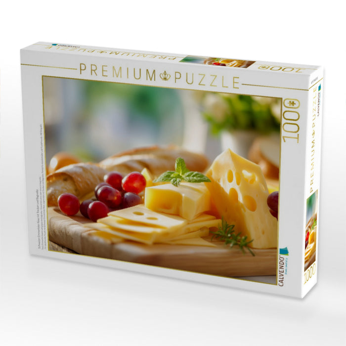 Schweizer Emmentaler Käse mit Trauben und Baguette - CALVENDO Foto-Puzzle'