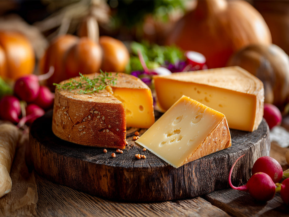 Gouda Käse auf rustikalem Holzbrett mit Gemüse - CALVENDO Foto-Puzzle'