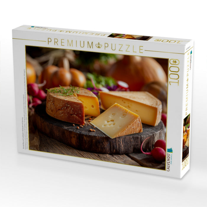 Gouda Käse auf rustikalem Holzbrett mit Gemüse - CALVENDO Foto-Puzzle'