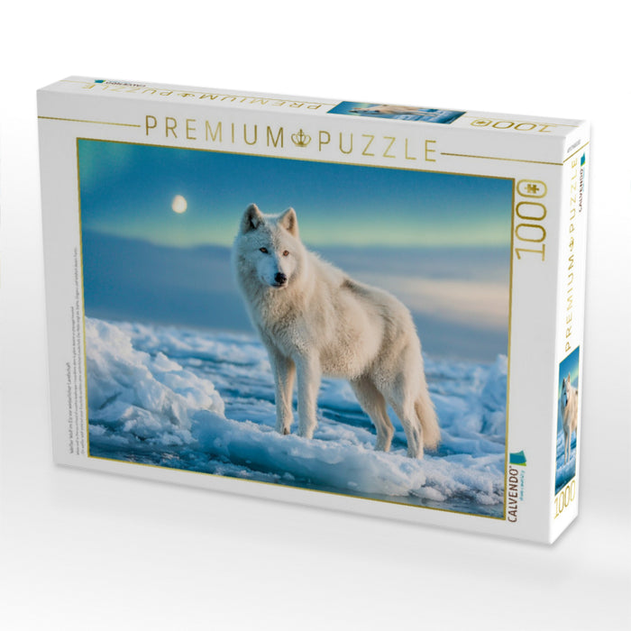 Weißer Wolf im Eis vor winterlicher Landschaft - CALVENDO Foto-Puzzle'