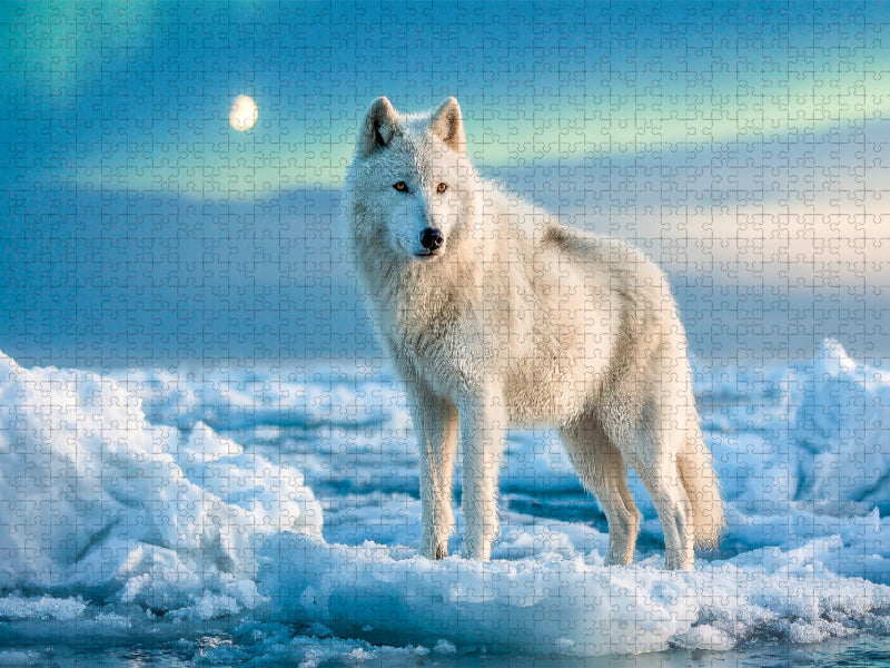 Weißer Wolf im Eis vor winterlicher Landschaft - CALVENDO Foto-Puzzle'