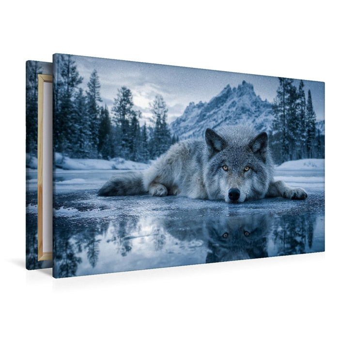 Premium Textil-Leinwand Wolf auf Eis im Winterwald