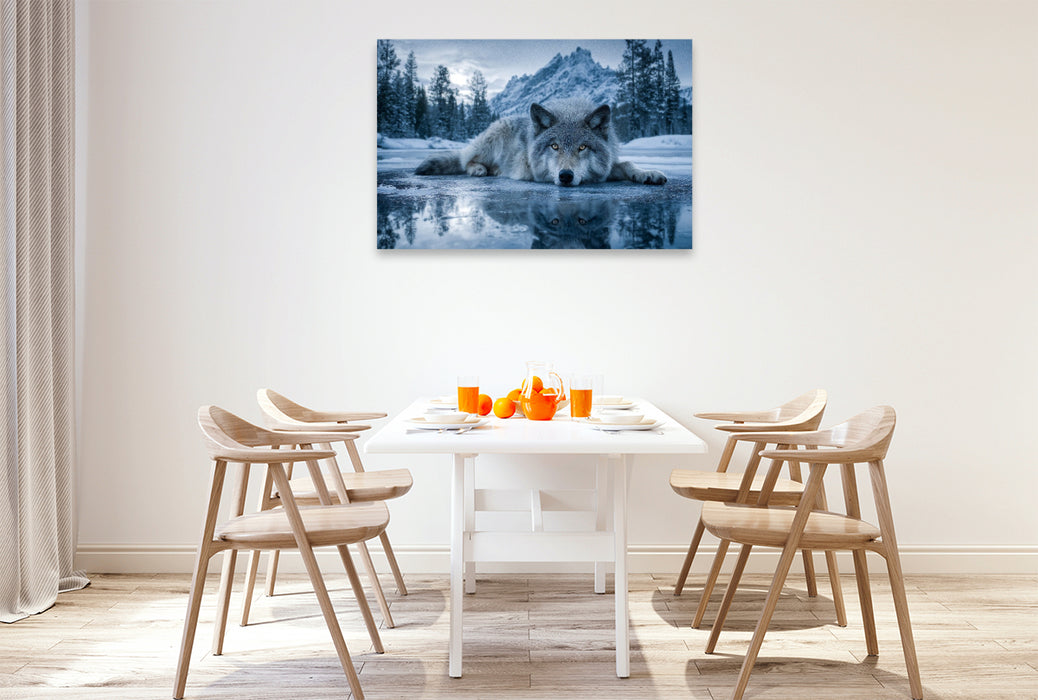 Premium Textil-Leinwand Wolf auf Eis im Winterwald