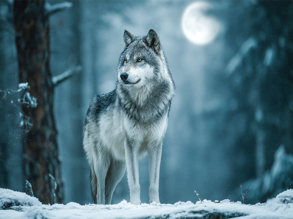 Grauer Wolf im Winterwald mit Vollmond - CALVENDO Foto-Puzzle'