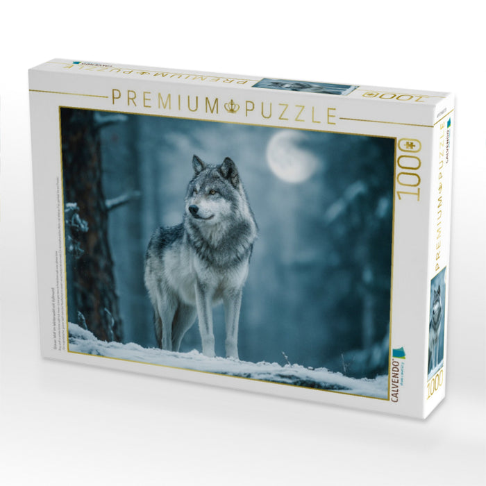 Grauer Wolf im Winterwald mit Vollmond - CALVENDO Foto-Puzzle'