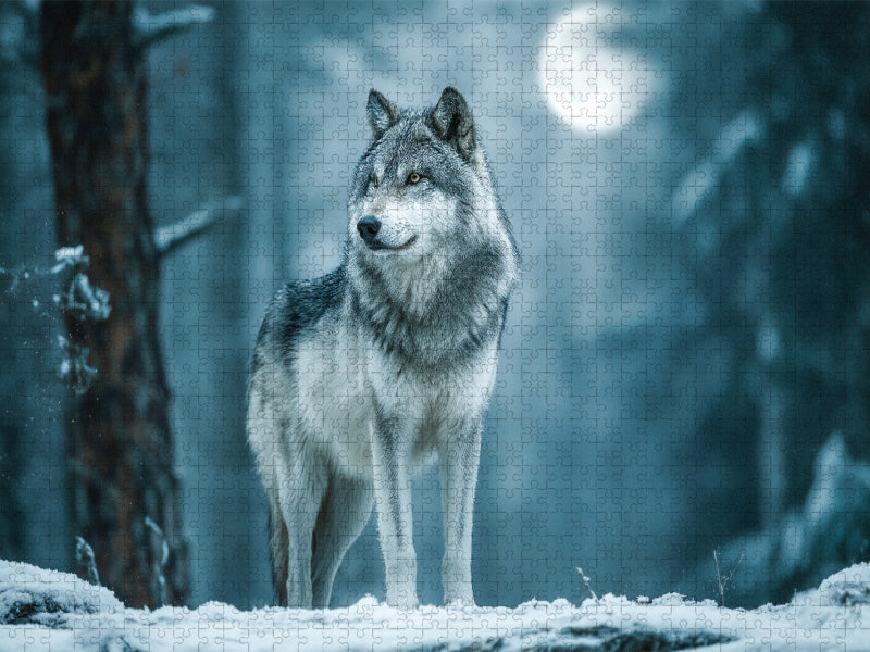 Grauer Wolf im Winterwald mit Vollmond - CALVENDO Foto-Puzzle'