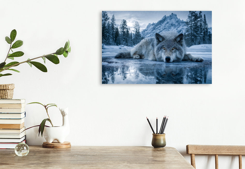 Premium Textil-Leinwand Wolf auf Eis im Winterwald
