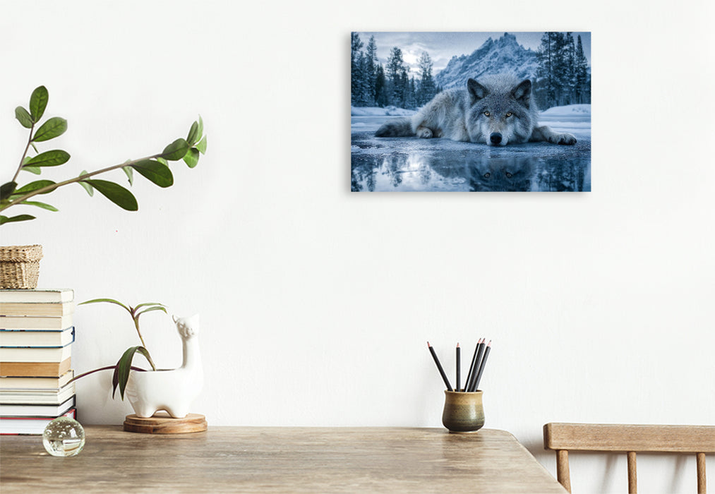 Premium Textil-Leinwand Wolf auf Eis im Winterwald