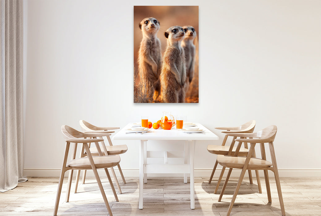 Premium Textil-Leinwand Erdmännchen Familie steht aufmerksam in der Savanne