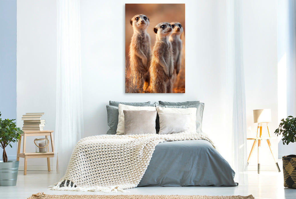 Premium Textil-Leinwand Erdmännchen Familie steht aufmerksam in der Savanne