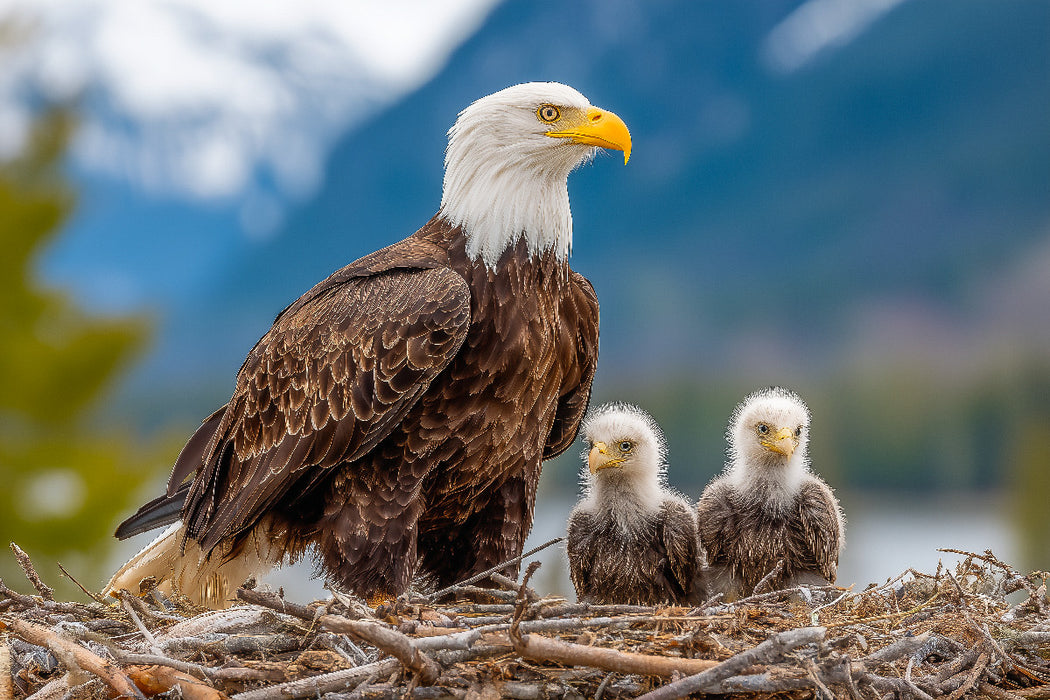 Premium Textil-Leinwand Weißkopfseeadler mit Jungvögeln im Nest vor Bergkulisse