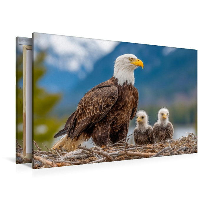 Premium Textil-Leinwand Weißkopfseeadler mit Jungvögeln im Nest vor Bergkulisse