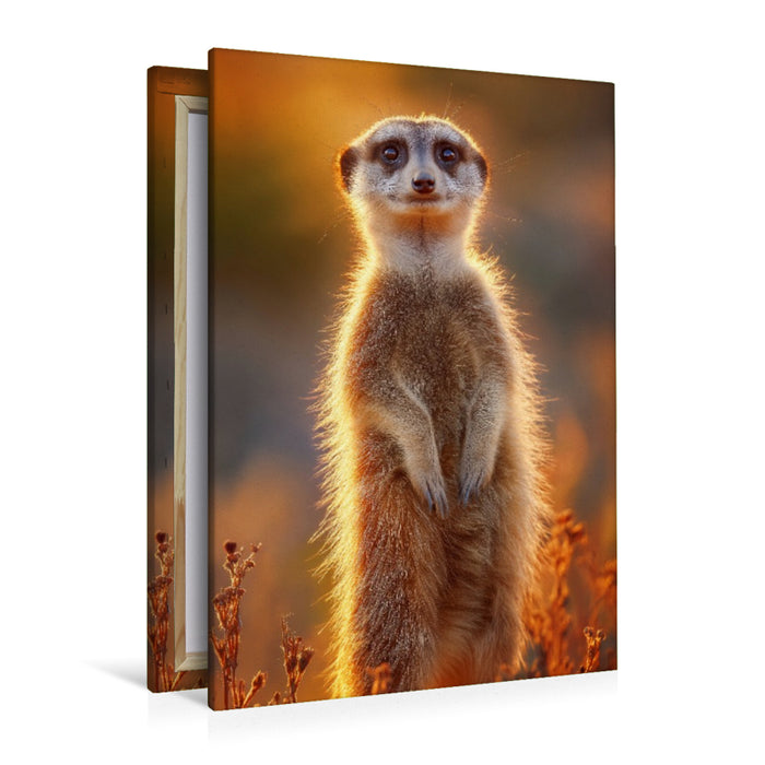 Premium Textil-Leinwand Erdmännchen steht im Sonnenuntergang und blickt neugierig