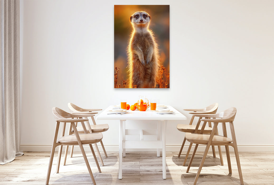 Premium Textil-Leinwand Erdmännchen steht im Sonnenuntergang und blickt neugierig