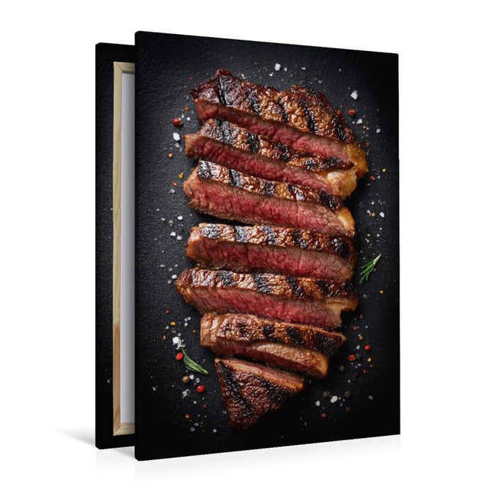 Premium Textil-Leinwand Saftiges Steak in Scheiben mit Grillstreifen und Gewürzen