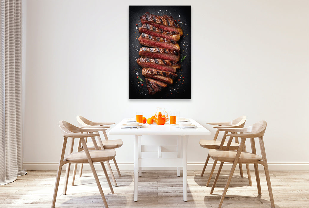 Premium Textil-Leinwand Saftiges Steak in Scheiben mit Grillstreifen und Gewürzen