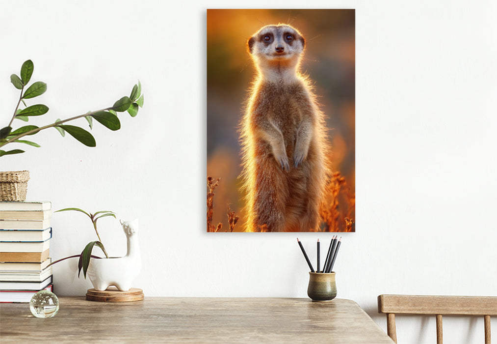Premium Textil-Leinwand Erdmännchen steht im Sonnenuntergang und blickt neugierig