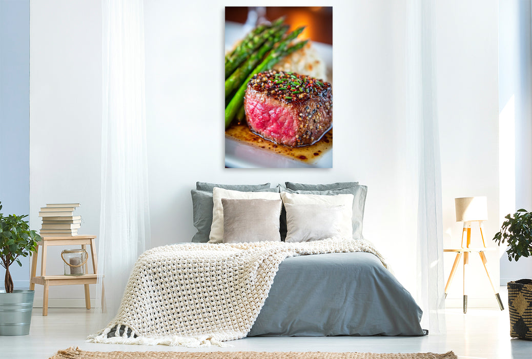 Premium Textil-Leinwand Zartes Rinderfilet mit grünem Spargel und würziger Kruste
