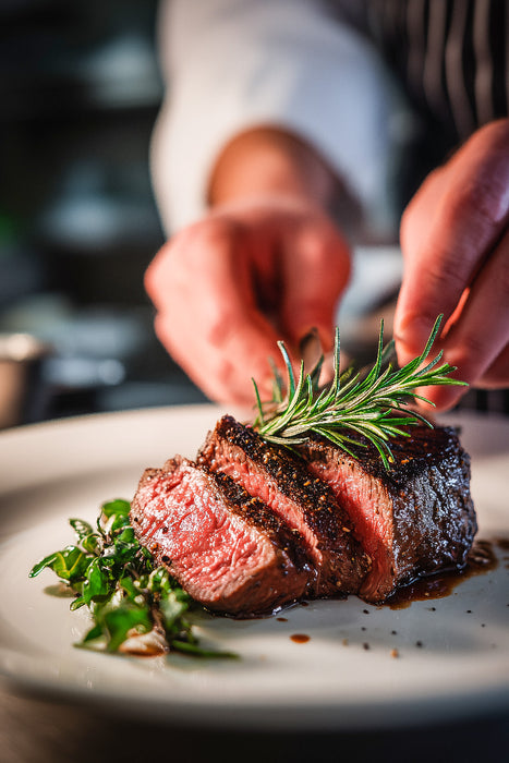 Premium Textil-Leinwand Zartes Steak wird kunstvoll mit frischen Kräutern angerichtet