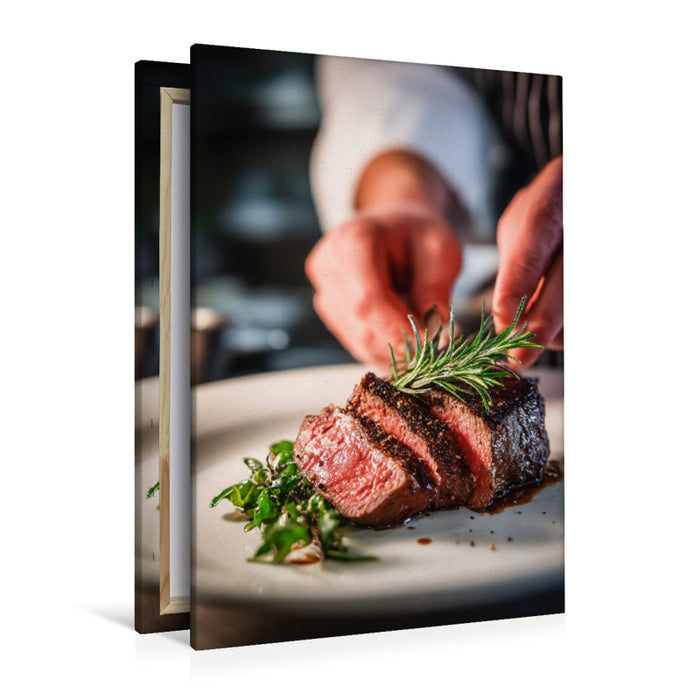 Premium Textil-Leinwand Zartes Steak wird kunstvoll mit frischen Kräutern angerichtet