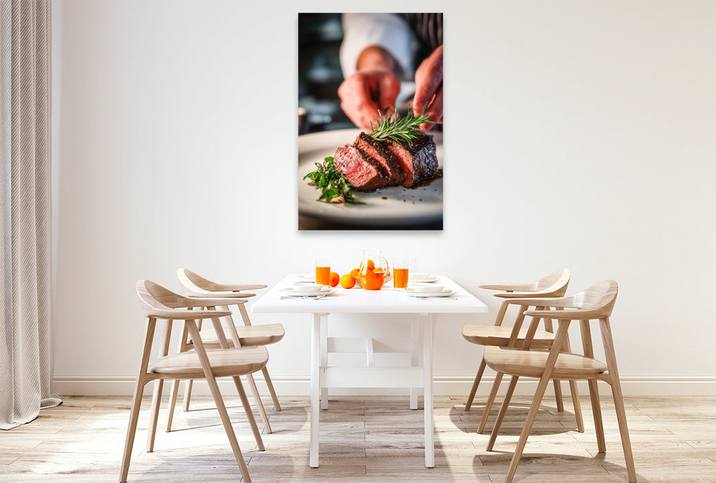Premium Textil-Leinwand Zartes Steak wird kunstvoll mit frischen Kräutern angerichtet