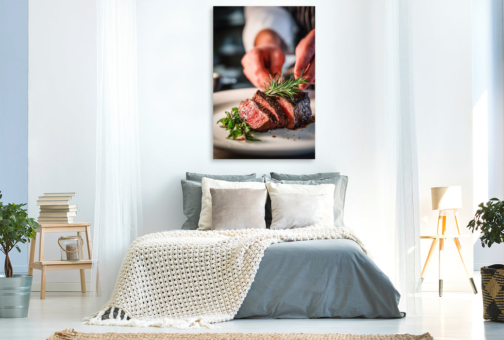 Premium Textil-Leinwand Zartes Steak wird kunstvoll mit frischen Kräutern angerichtet