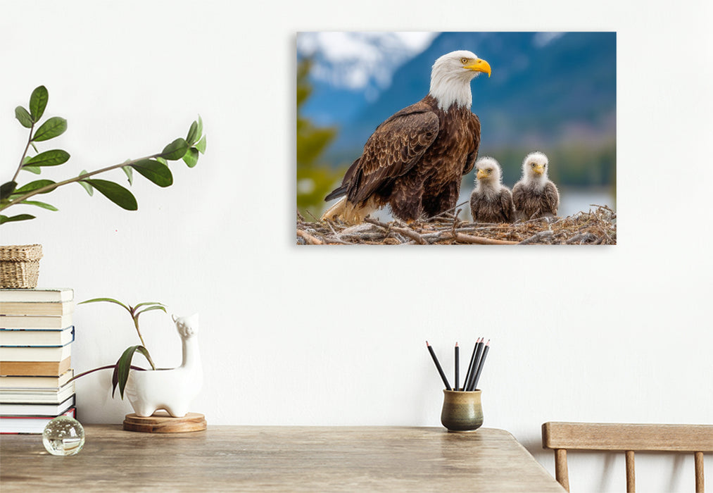 Premium Textil-Leinwand Weißkopfseeadler mit Jungvögeln im Nest vor Bergkulisse