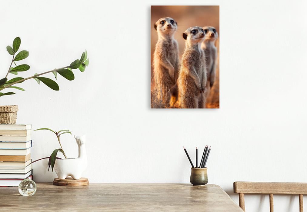 Premium Textil-Leinwand Erdmännchen Familie steht aufmerksam in der Savanne