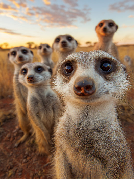 Erdmännchen Gruppe in der Savanne beim Sonnenuntergang - CALVENDO Foto-Puzzle'