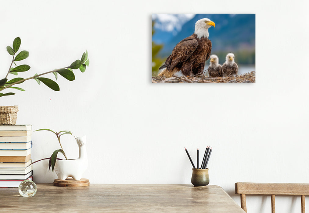 Premium Textil-Leinwand Weißkopfseeadler mit Jungvögeln im Nest vor Bergkulisse