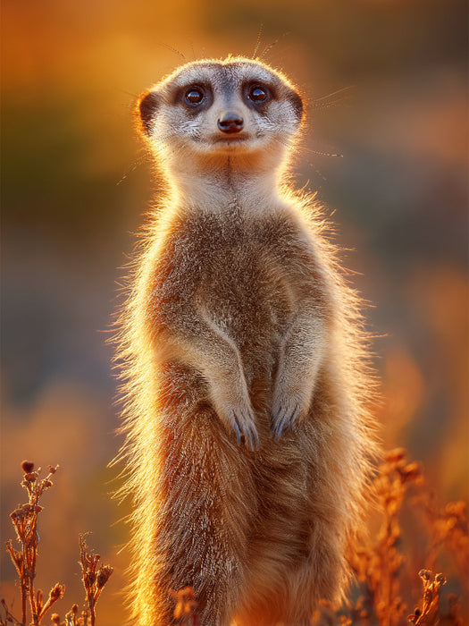 Erdmännchen steht im Sonnenuntergang und blickt neugierig - CALVENDO Foto-Puzzle'