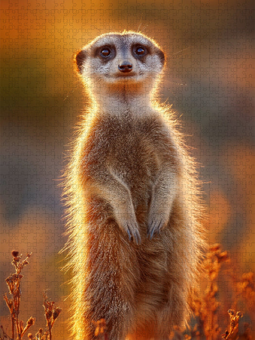 Erdmännchen steht im Sonnenuntergang und blickt neugierig - CALVENDO Foto-Puzzle'