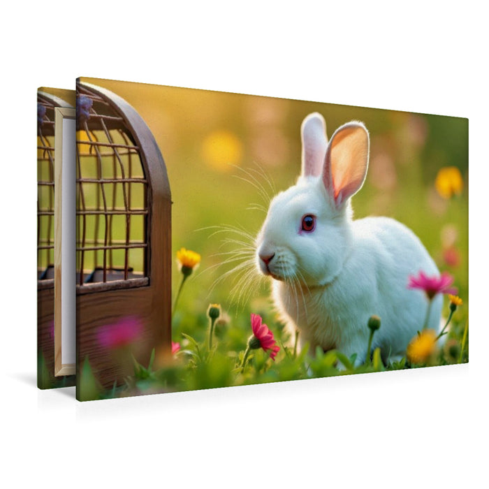 Premium Textil-Leinwand Kuscheln, hoppeln, Herzen erobern.