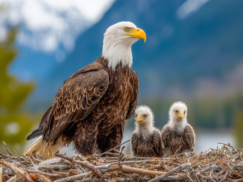 Weißkopfseeadler mit Jungvögeln im Nest vor Bergkulisse - CALVENDO Foto-Puzzle'