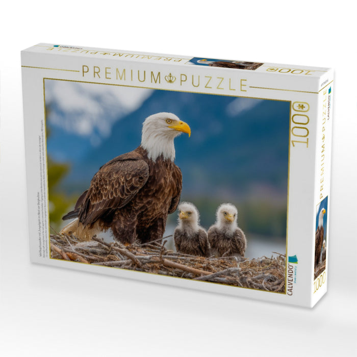 Weißkopfseeadler mit Jungvögeln im Nest vor Bergkulisse - CALVENDO Foto-Puzzle'
