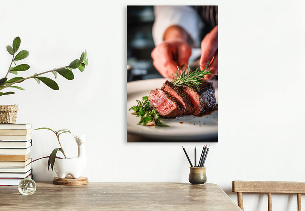 Premium Textil-Leinwand Zartes Steak wird kunstvoll mit frischen Kräutern angerichtet