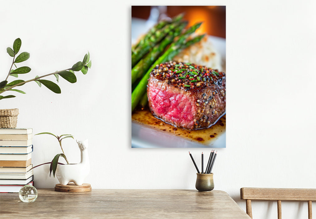 Premium Textil-Leinwand Zartes Rinderfilet mit grünem Spargel und würziger Kruste