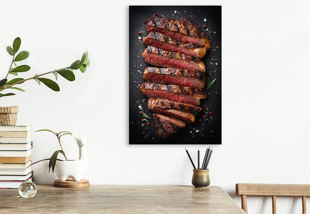 Premium Textil-Leinwand Saftiges Steak in Scheiben mit Grillstreifen und Gewürzen