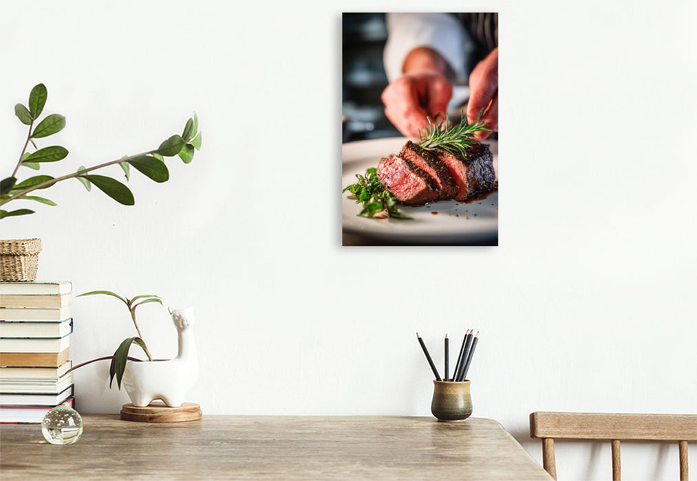 Premium Textil-Leinwand Zartes Steak wird kunstvoll mit frischen Kräutern angerichtet