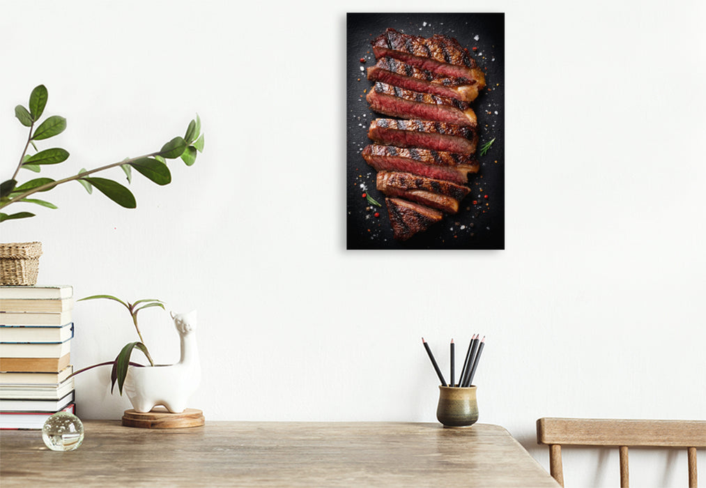 Premium Textil-Leinwand Saftiges Steak in Scheiben mit Grillstreifen und Gewürzen