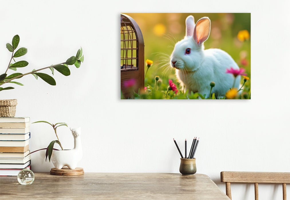 Premium Textil-Leinwand Kuscheln, hoppeln, Herzen erobern.