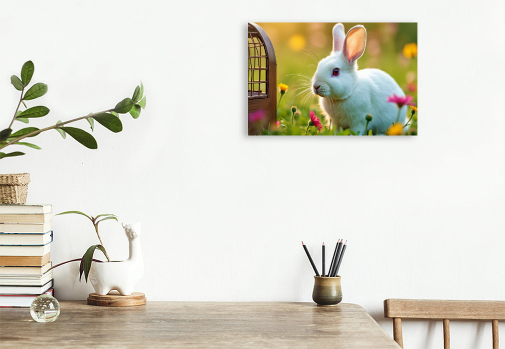 Premium Textil-Leinwand Kuscheln, hoppeln, Herzen erobern.