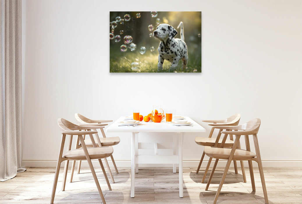 Premium Textil-Leinwand Dalmatinerträume, denn Spielen macht das Leben bunt